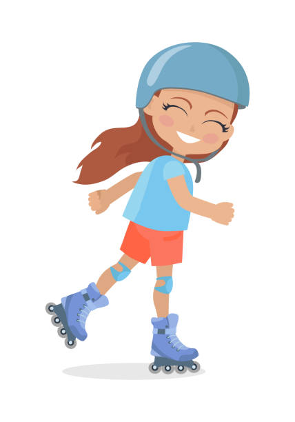 女孩長棕色頭髮在頭盔輪滑 - 單線滾軸溜冰鞋 幅插畫檔、美工圖案、卡通及圖標