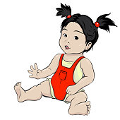 A girl with oriental features. The brunette doll sits barefoot in a red overall.
