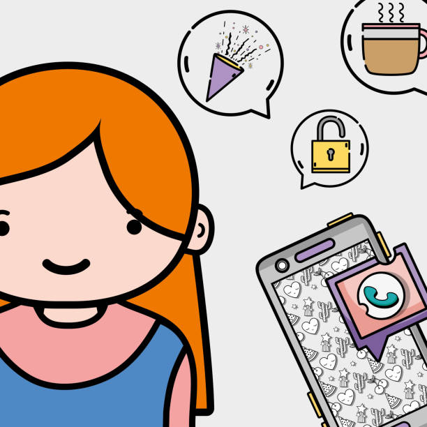 kız ile smartphone whatsapp sohbet haber - whatsapp stock illustrations