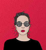 A hand drawn portrait of a beautiful young woman with sunglasses. Her dreams and aspirations written in her glasses. EPS10 vector illustration, global colors, easy to modify.