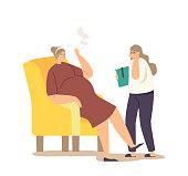 Little Girl with Textbook in Hands Coughing in Room where Mother Smoking Cigarette. Pregnant Female Character Sitting in Armchair Enjoy Tobacco Ignoring Daughter. Cartoon People Vector Illustration