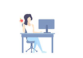 istock girl working with computer at desk, flat style vector illustration 1404916319