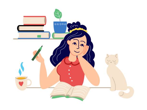 ilustrações de stock, clip art, desenhos animados e ícones de girl writes diary. student home study, dreaming female character. young woman sit at desk and drawing or writing in notebook. cat and books vector concept - jovem a escrever