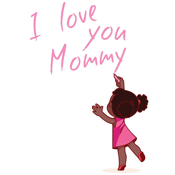 Girl writing on the wall "I love you Mommy". African American girl writing on the wall "I love you Mommy". Design element for mother's day card. Vector illustration on a white background. african american mothers day stock illustrations