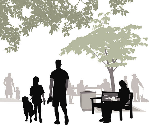GirlAndLab A father and daughter walk their dog through a bosu city park.  A woman reads the newspaper on a bench under green, leafy trees. newspaper silhouettes stock illustrations