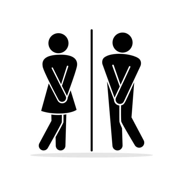 Girls and boys restroom pictograms Girls and boys restroom pictograms. Funny toilet couple signing, desperate pee woman man wc icons, fun bathroom door signs, humor public washroom urgent vector silhouettes bathroom stock illustrations