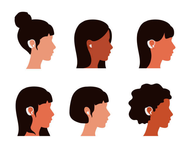 Girls avatars with hearing aid devices on their ears. Side view, a person's profile. A woman with hearing issues. A vector flat illustration. hearing aids stock illustrations