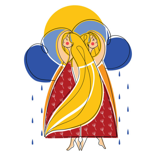 stockillustraties, clipart, cartoons en iconen met meisjes dansen in de regen - rain woman sun