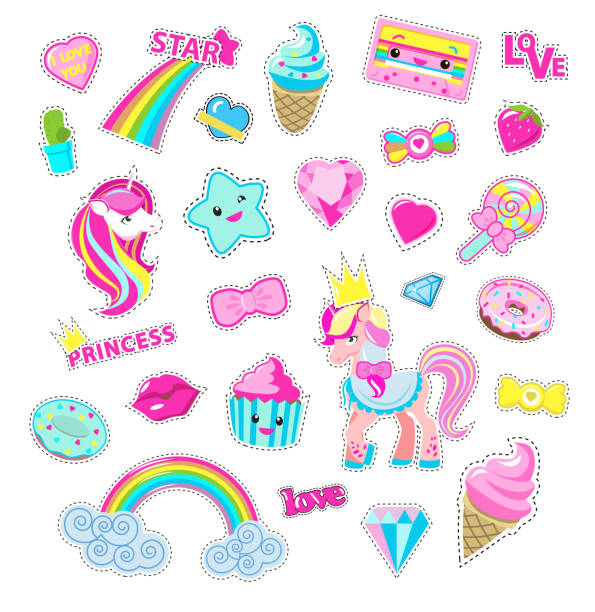 Girls Fairy Stickers With Fairy Cartoons Vectors Girls fairy stickers set. Cute cartoon pony princes, sweets and toys flat vector icons isolated on white background. Various decorative elements in pink colors for kids greeting cards candy silhouettes stock illustrations