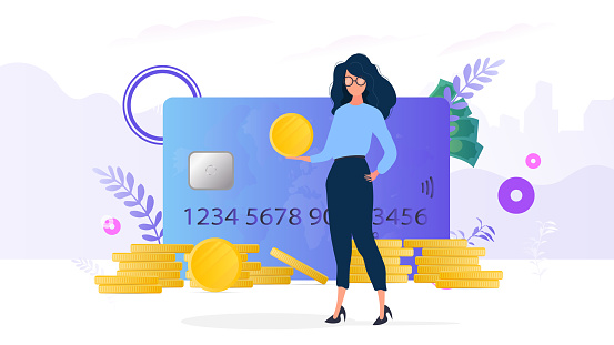 Girls Holds A Gold Coin Mountain Of Coins Credit Card Dollars The Concept Of Savings And Accumulation Of Money Stock Illustration - Download Image Now - iStock