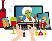 Girls night in on-line, hostess doing manicure, guests drink and do makeover over video chat on multiple devices, EPS 8 vector illustration