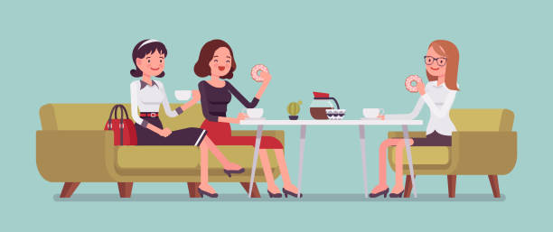 stockillustraties, clipart, cartoons en iconen met meisjes zitten in een cafe - woman eating