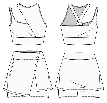 Girls Sports Bra and Shorts fashion flat template. Sports wear fashion design set.