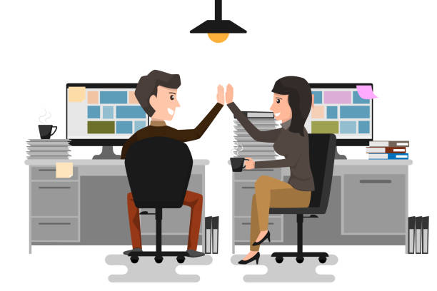 Give me high-five! Two business man and woman giving high-five and holding coffee cups with smile while sitting on the chair at office. coworking concept. cartoon character vector illustration. vector art illustration