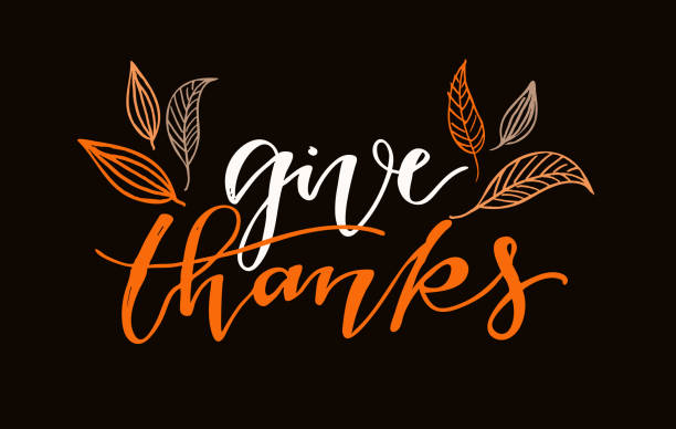 dziękuj - happy thanksgiving day - ręcznie rysowane napisy pocztówka szablon banner - święto dziękczynienia stock illustrations