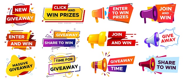 Giveaway banner with megaphone. Loudspeaker announcement of competition. Winning prizes and gifts in contest