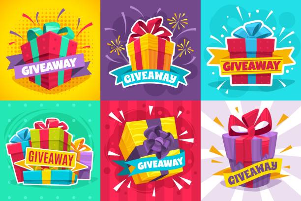 Giveaway winner poster. Gift offer banner, giveaways post and gifts prize flyer vector illustration set Giveaway winner poster. Gift offer banner, giveaways post and winner reward in contest, prize in boxes with ribbons flyer design vector give away game typography template set incentive stock illustrations
