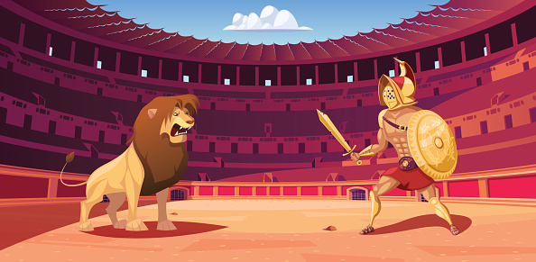 Gladiator and lion fight in  Coliseum arena vector illustration