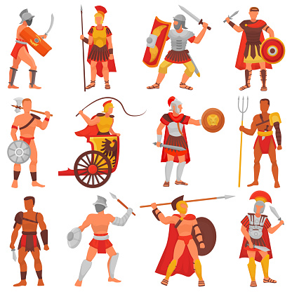 Gladiator vector roman warrior character in armor with sword or weapon and shield in ancient Rome illustration set of greek man warrio fighting in war isolated on white background