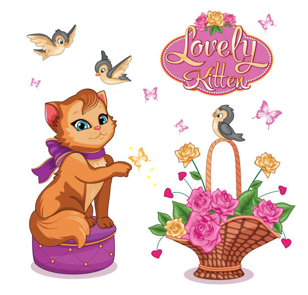 Glamorous cute funny red cat. Set with animal, birds and flower basket. Decorative and style toy, doll. Wonderland. Magic and fabulous story. Isolated children's cartoon illustration, suitable for print or sticker. White background. Vector. Glamorous cute funny red cat. Set with animal, birds and flower basket. Decorative and style toy, doll. Wonderland. Magic and fabulous story. Isolated children's cartoon illustration, suitable for print or sticker. White background. Vector. butterfly fairy flower white background stock illustrations