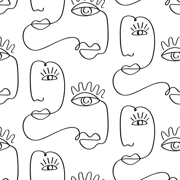 Glamour one line drawing women faces seamless pattern Glamour one line drawing women faces seamless pattern. Vector lines modern fashion poster, minimalistic style. Female Portrait Endless Background. Abstract continuous linear art, t shirt print. women patterns stock illustrations
