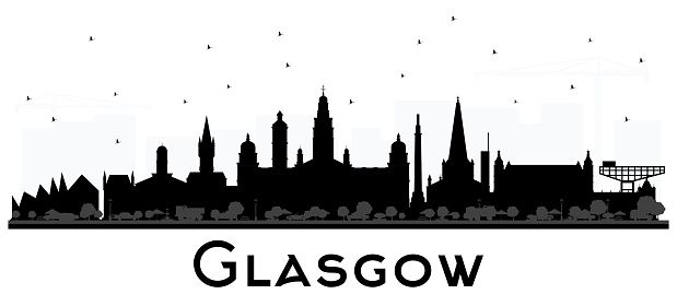 Glasgow Scotland City Skyline with Black Buildings Isolated on White.