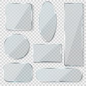 Glass blank banners. Rectangle circle glass texture window plastic clear labels with reflection acrylic shiny panels vector 3d set
