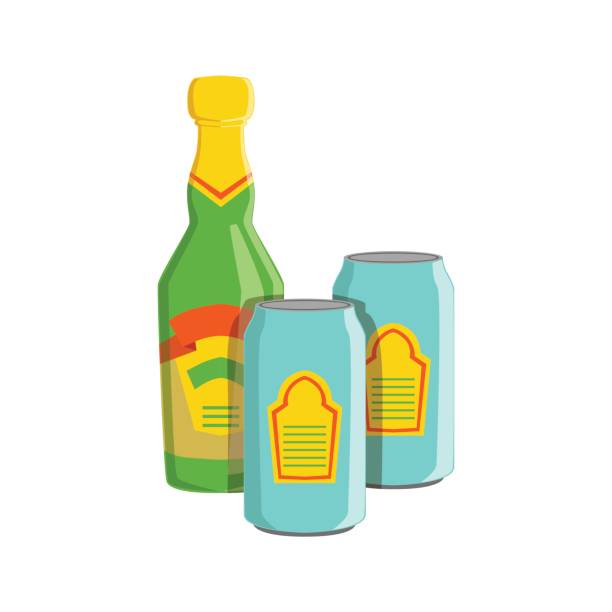 glasflasche und zwei blechdosen mit lager-bier, oktoberfest-festival-getränke-bar-menü-punkt - oktoberfest stock-grafiken, -clipart, -cartoons und -symbole