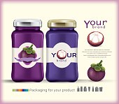 Glass bottle packaging for fruit jam design.mangosteen