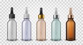 Glass bottles with dropper. 3d realistic cosmetic blank vials for essential oil liquid, collagen serum vector skincare vapor colorful essence mockup