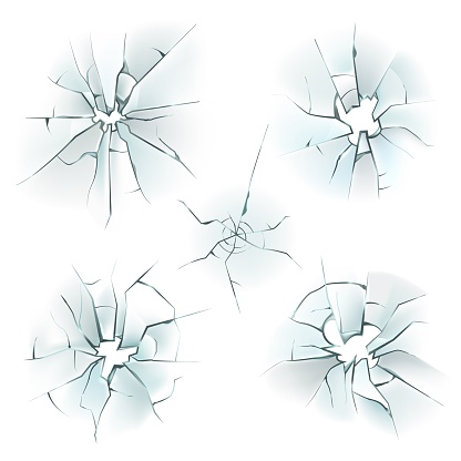 Glass broken. Realistic cracked window. Damaged fragile textures effects set with hole and shards. Crushed ice. Deforming mirrors. Shattered screen. Vector destroyed surface mockup