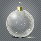 Glass Christmas toy on a transparent background. Stocking Christmas decorations or New Years. Transparent vector object for design, mock-up