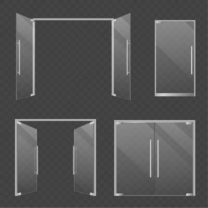 Glass doors. Realistic open and closed double glass mall and store doors. Modern architectural interior and exterior elements vector set