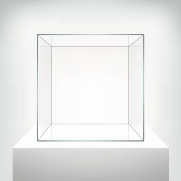 Glass empty vector showcase on white background. Glass showcase, vector. Empty square realistic glass box on podium on white background. Showcase transparent cube form for presentation. 3d style. museum stock illustrations
