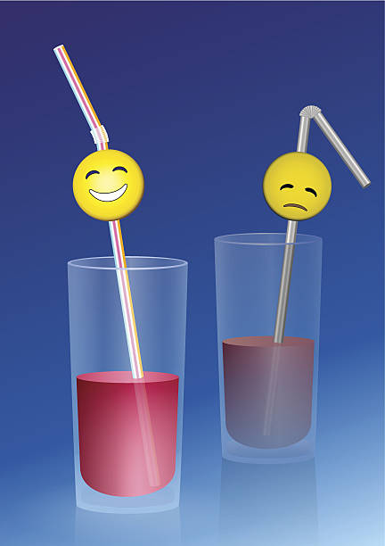 Glass half full half empty Half full glass with a happy smiley on a straw, and a half empty glass with a sad smiley, a metaphor for positive and negative thinking. Vector illustration on blue gradient background. half happy half sad stock illustrations