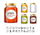 Glass Jars Bottles with Jam, Confiture, Honey. Vector illustration