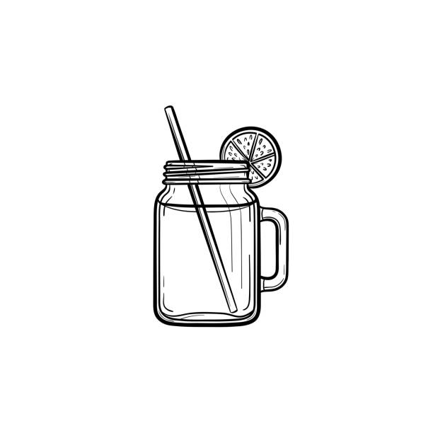 Glass jars of cocktail hand drawn sketch icon Glass jars of fresh detox cocktail hand drawn outline doodle icon. Refreshing smoothie drink with lemon slice and drinking straw vector sketch illustration for print, web, mobile and infographics. smoothie drawings stock illustrations