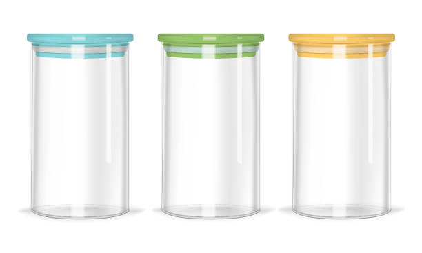 Glass jars with airtight seal colorful lids, realistic vector mockup. Clear empty food containers isolated on white background, template Glass jars with airtight seal colorful lids, realistic vector mockup. Clear empty food containers isolated on white background, template. silicone stock illustrations