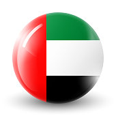 Glass light ball with flag of United Arab Emirates. Round sphere, template icon. Arabian national symbol. Glossy realistic ball, 3D abstract vector illustration on a white background. Big bubble.