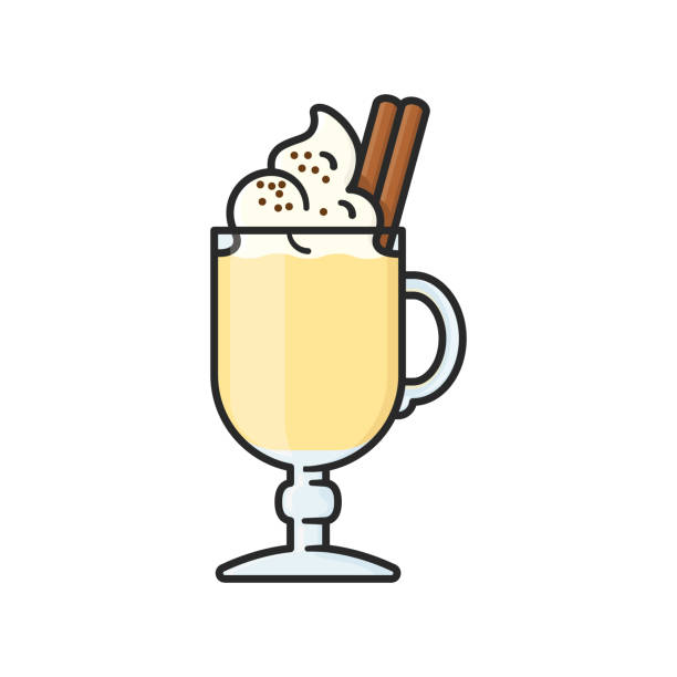 Glass of Eggnog with whipped cream isolated vector illustration Glass of Eggnog with whipped cream, cinnamon stick and cocoa isolated vector illustration for Eggnog Day on December 24 eggnog stock illustrations