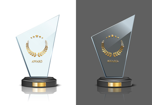 Glass or crystal award prizes set for winner, 3d trophy with gold laurel wreath, stars