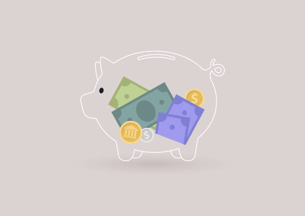 szklana skarbonka z papierowymi pieniędzmi i monetami w środku, przejrzysta usługa bankowa, branża finansowa - świnka skarbonka stock illustrations