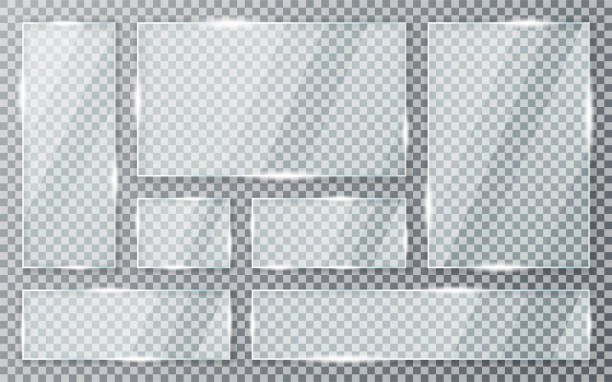 透明な背景に設定されたガラスプレート。まぶしさと光を持つアクリルとガラスの質感。長方形フレームのリアルな透明なガラス窓 - ガラス点のイラスト素材／クリップアート素材／マンガ素材／アイコン素材
