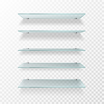 Glass shelves. Transparent wall product display, empty store shelving. Glass showcase isolated vector exhibition bookshelf or promotion realistic shelf set
