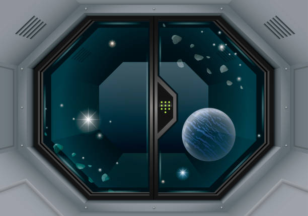 Glass sliding gates Glass sliding gates lab or space station. Fantastic interior. Vector graphics with transparency effects laboratory borders stock illustrations