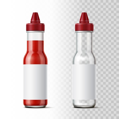 Glass tomato ketchup bottle. Realistic 3D packaging with plastic lid dispenser. Full or empty containers on transparent background. Food dressing package with blank label. Vector concept