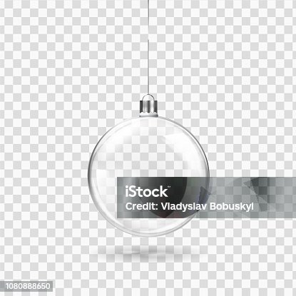 istock Glass transparent Christmas ball hanging on the ribbon. Realistic Xmas glass bauble on transparent background. Holiday decoration template. Vector illustration 1080888650