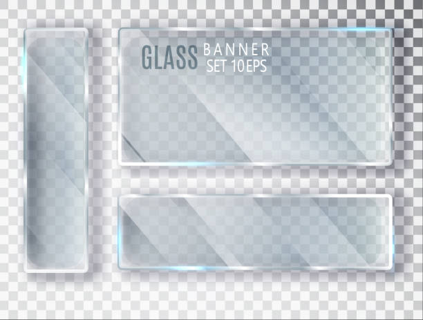 Glass transparent plates set. Vector glass modern banners isolated on transparent background. Flat glass. Realistic 3D design. Vector transparent object 10 eps. Glass transparent plates set. Vector glass modern banners isolated on transparent background. Flat glass. Realistic 3D design. Vector transparent object 10 eps glass material stock illustrations