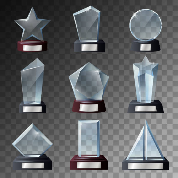 Glass trophy and award templates on bases Glass trophy, award and prize 3d vector templates with dark bases. Crystal winner cups in a shapes of star and geometric figures on transparent background. Sport championship and achievement gifts trophy award stock illustrations