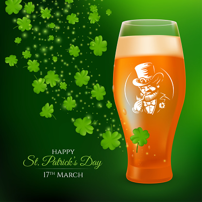 A glass with a pint of light beer decorated with the label of a smoking leprechaun and shamrock leaves. 3D realistic vector illustration to St. Patrick's Day celebrating on a dark green background